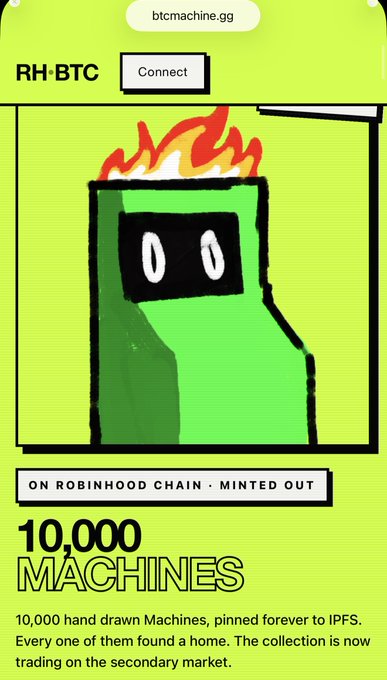 A webpage from btcmachine.gg shows a hand-drawn green cartoon character with fire on its head under 'RH·BTC', with text stating 'ON ROBINHOOD CHAIN · MINTED OUT' and '10,000 MACHINES'.