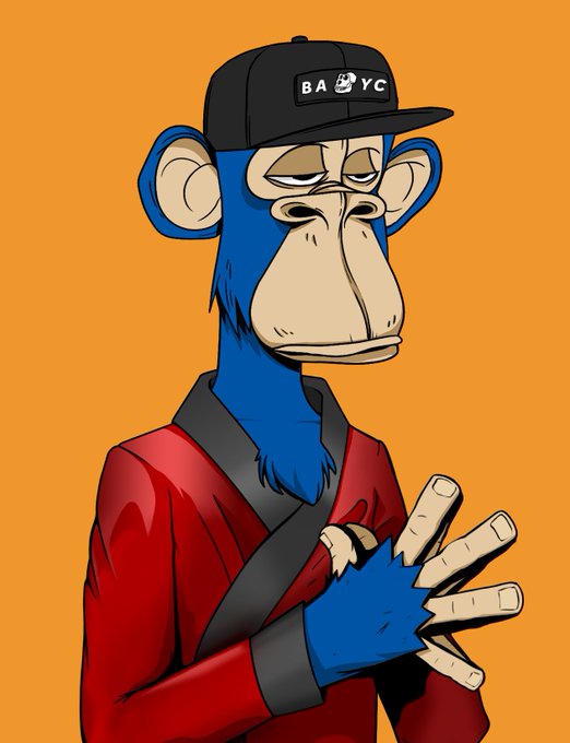 A cartoon illustration of a blue Bored Ape-style monkey wearing a black 'BAYC' cap and a red robe, shown against an orange background with one hand raised.