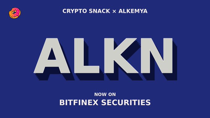 A bold promotional graphic featuring a donut logo and the text "CRYPTO SNACK x ALKEMYA," "ALKN," and "NOW ON BITFINEX SECURITIES" on a navy blue background, announcing the listing of the ALKN token.