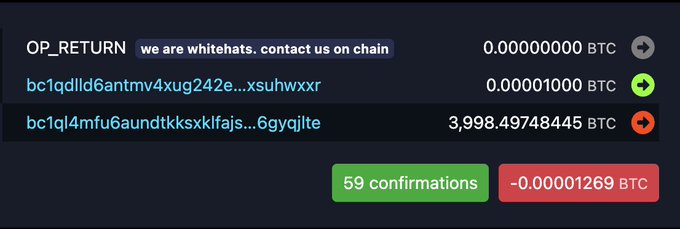 A Bitcoin transaction showing 3,998.49748445 BTC being sent to a Liquid-style address (bc1ql4mfu6aundtkksxklfajs...6gyqjte) with a return address labeled "OP_RETURN we are whitehats. contact us on chain" and 59 confirmations, illustrating the white-hat hackers returning nearly all of the stolen funds from the September 6 Liquid bridge vulnerability.