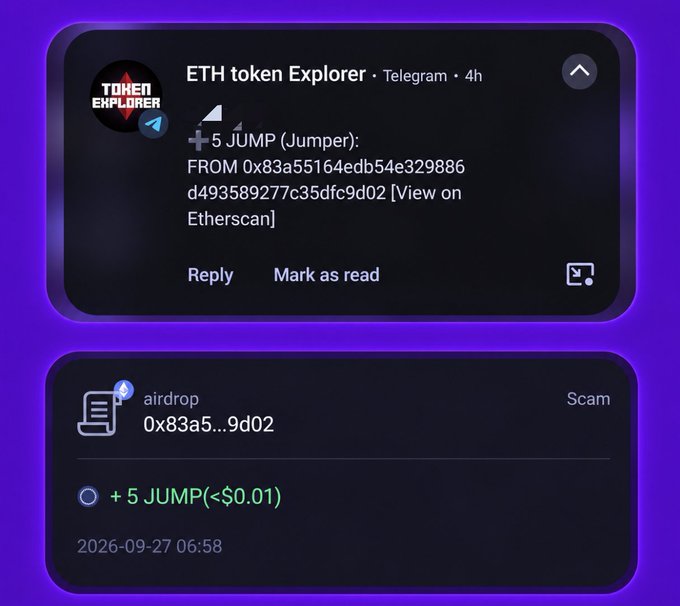 A screenshot from the "ETH token Explorer" Telegram channel flags an airdrop of "5 JUMP (Jumper)" tokens worth under $0.01 to wallet address 0x83a5...9d02 as a Scam, aligning with the post's warning to avoid interacting with the fake $JUMP token airdrop being distributed to Ethereum wallets.