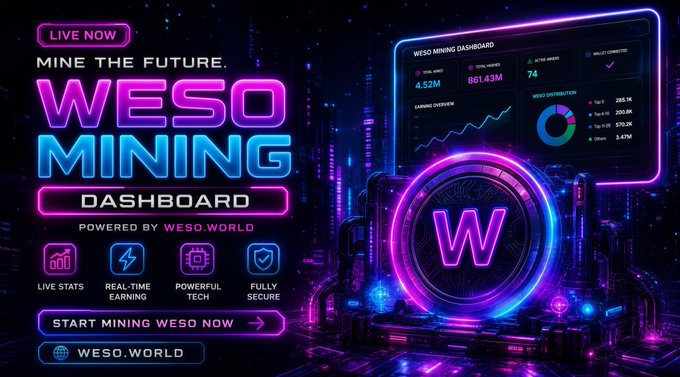 The image features a poster for a cryptocurrency mining dashboard, with the headline "Live now! Mine the future WESO mining dashboard" written in large, bold letters at the top of the poster. The poster showcases an interactive dashboard designed by WE sofa company (WESO) that allows users to easily track their real-time earning and mining progress. The poster also contains various icons representing different features of the dashboard.