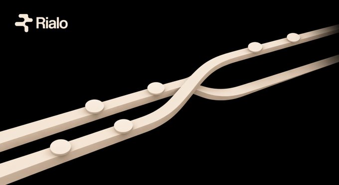 A logo graphic for 'Rialo' featuring two intertwining cream-colored paths with dots on a black background.