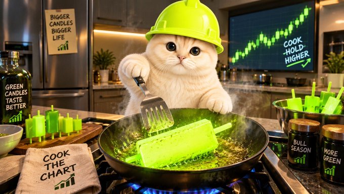 An AI-generated image showing a white cat wearing a green hard hat cooking green candles in a frying pan, surrounded by signs reading 'BIGGER CANDLES BIGGER LIFE', 'COOK-HOLD-HIGHER', 'COOK THE CHART', and 'GREEN CANDLES TASTE BETTER' with a green stock chart in the background.