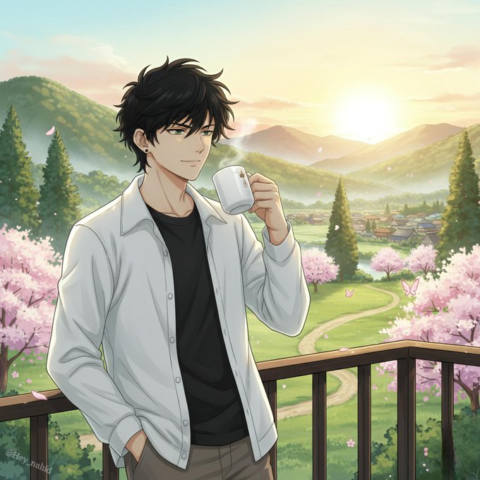 An anime-style illustration of a young man with messy black hair wearing a white open shirt over a black t-shirt, drinking from a white mug on a balcony overlooking a scenic landscape with cherry blossoms, mountains, and a setting sun. The watermark reads "@Hey_nahki".