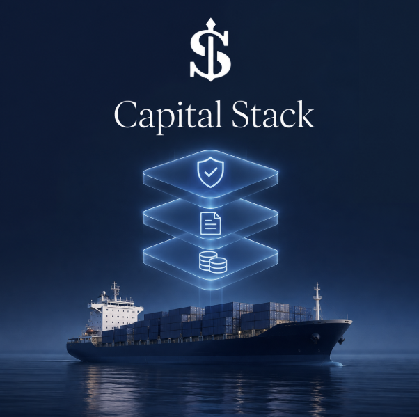 A promotional graphic for 'Capital Stack' featuring a dollar sign logo, a large container ship, and three stacked holographic icons representing security, documents, and currency.