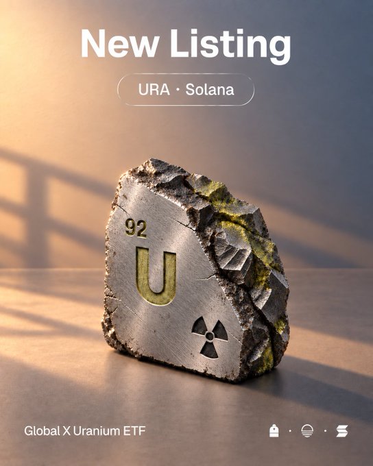 A promotional graphic announces "New Listing: URA • Solana" featuring a rugged uranium ore rock engraved with "92," a "U" symbol, and a radiation warning, with "Global X Uranium ETF" labeled at the bottom—visually representing the tokenized listing of the Global X Uranium ETF ($URA) on the Solana blockchain via Sunrise, issued by Backpack Securities.