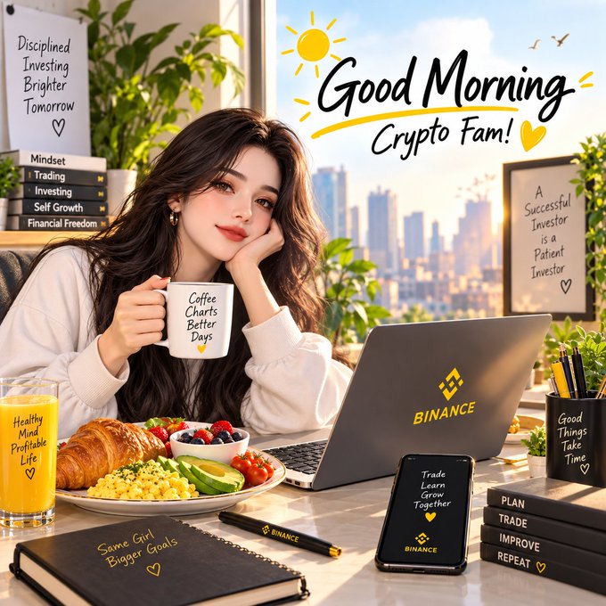An anime-style illustration of a young woman holding a "Good Morning Crypto Fam!" mug with Binance branding, surrounded by motivational quotes on books, plants, and breakfast items against a city skyline.