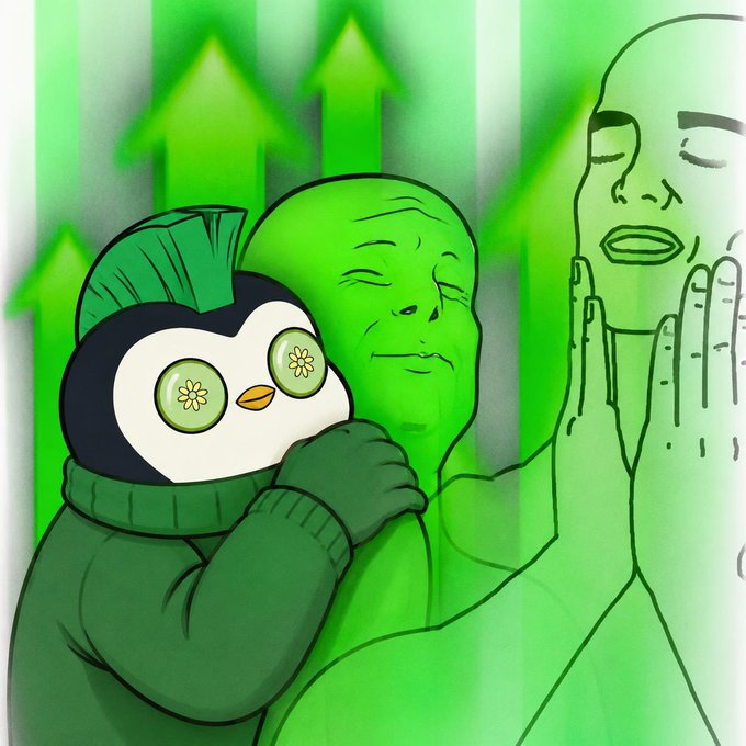 A cartoon penguin with cucumber slices over its eyes gives a shoulder massage to a blissful figure against a backdrop of upward green arrows and rising charts, visualizing the "pump it" energy with zen-like relaxation amid bullish momentum.