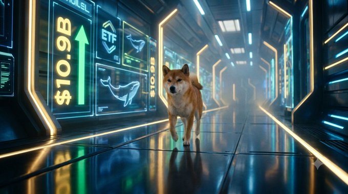 A Shiba Inu dog stands on a reflective floor in a futuristic, neon-lit corridor, with a digital display panel on the left showing '$10.9B', an upward arrow, 'ETF', and whale silhouettes.