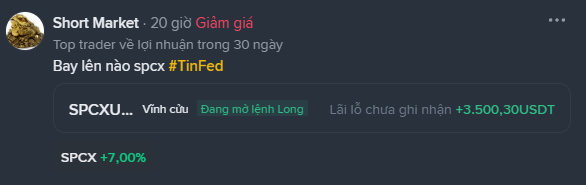 A social media post from 'Short Market' about a trader, featuring the ticker $SPCX with a +7.00% gain and a profit of +3,500.30 USDT.