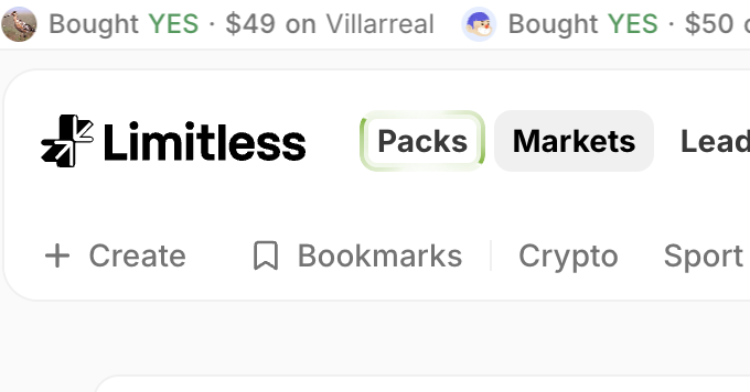 A screenshot of a 'Limitless' platform interface showing navigation tabs for Packs, Markets, Leaderboard, Create, Bookmarks, Crypto, and Sport, along with recent 'Bought YES' trades including $49 on Villarreal.