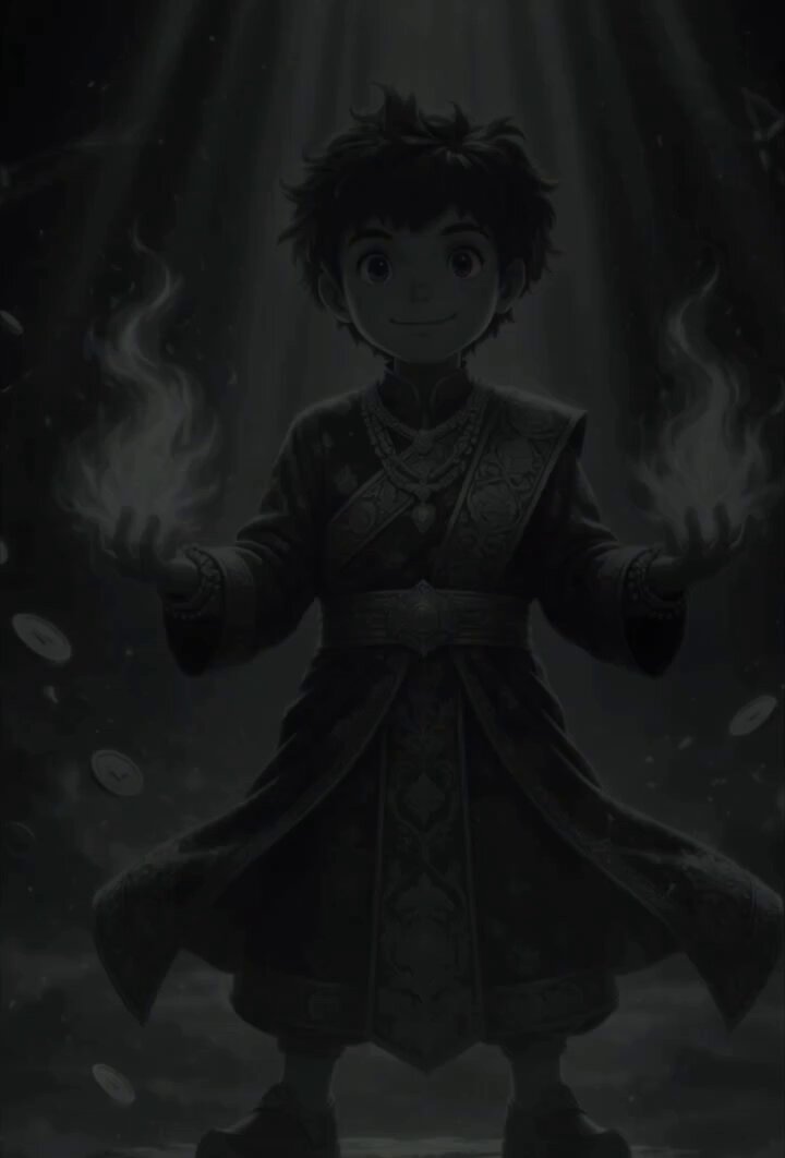 The image features a young boy dressed in traditional clothing, holding two flames in his hands. The boy appears to be standing against a dark background with rays of light shining down from above, creating an atmospheric effect that emphasizes the intensity of the flames he is holding. This scene could be interpreted as a representation of power or strength, symbolizing the boy's heritage and culture.