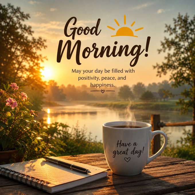 A 'Good Morning!' greeting graphic features a steaming mug with 'Have a great day!' written on it, set against a serene sunrise over a lake.