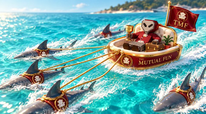 A 3D-rendered image of a Minecraft-style character in a red suit sitting in a golden boat labeled 'THE MUTUAL FUND' with a 'TMF' flag, being pulled by sharks wearing collars with matching emblems through turquoise ocean water.