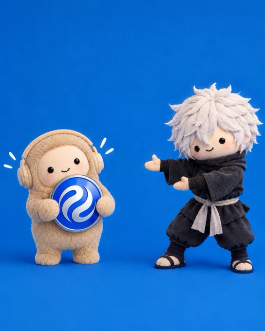 Two plush figures are displayed against a blue background: a tan mascot wearing headphones holding an XPRL coin logo, and a white-haired anime-style character in black robes.