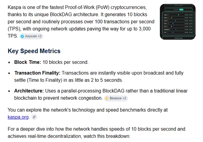 Informational article about Kaspa cryptocurrency, highlighting its Proof-of-Work BlockDAG architecture with 10 blocks per second, over 100 TPS, and up to 3,000 TPS potential, with transaction finality in 2-5 seconds.