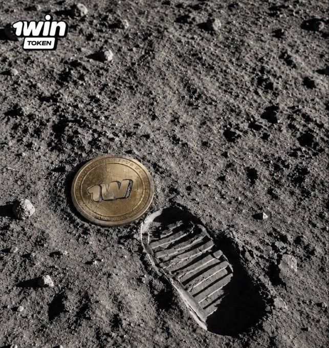 A golden 1WIN TOKEN coin rests on the gray, rocky lunar surface next to a prominent astronaut boot print, with the "1win TOKEN" logo displayed in the upper left corner, symbolizing the project's transparent and groundbreaking "moon" ambitions as referenced in the accompanying post about the team's clear communication and upcoming token launch.