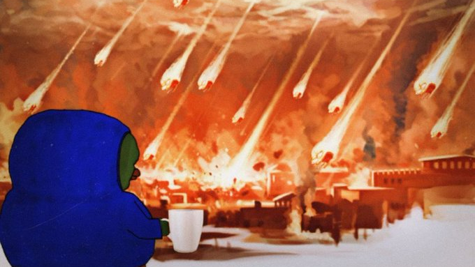 An animated illustration of a green character in a blue hooded cloak calmly drinking from a white mug while watching a catastrophic meteor shower rain down upon a burning city in the background.