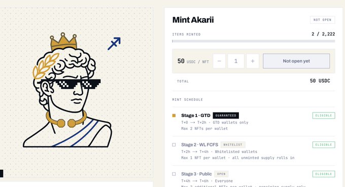 A webpage interface for minting 'Akari' NFTs shows a classical bust illustration wearing pixel sunglasses and a gold crown, with pricing at 50 USDC and mint stages listed.