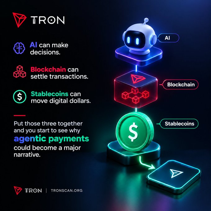 Promotional graphic for TRON explaining that AI can make decisions, Blockchain can settle transactions, and Stablecoins can move digital dollars, calling this combination "agentic payments" (TRONSCAN.org).