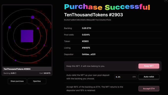 TenThousandTokens purchase confirmation for Token #2903 showing 0.05 ETH backing and listing #161975.