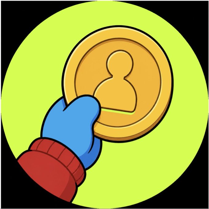 A cartoon illustration on a bright yellow-green circular background showing a blue-gloved hand with a red sleeve holding a gold coin featuring a user/profile icon silhouette.
