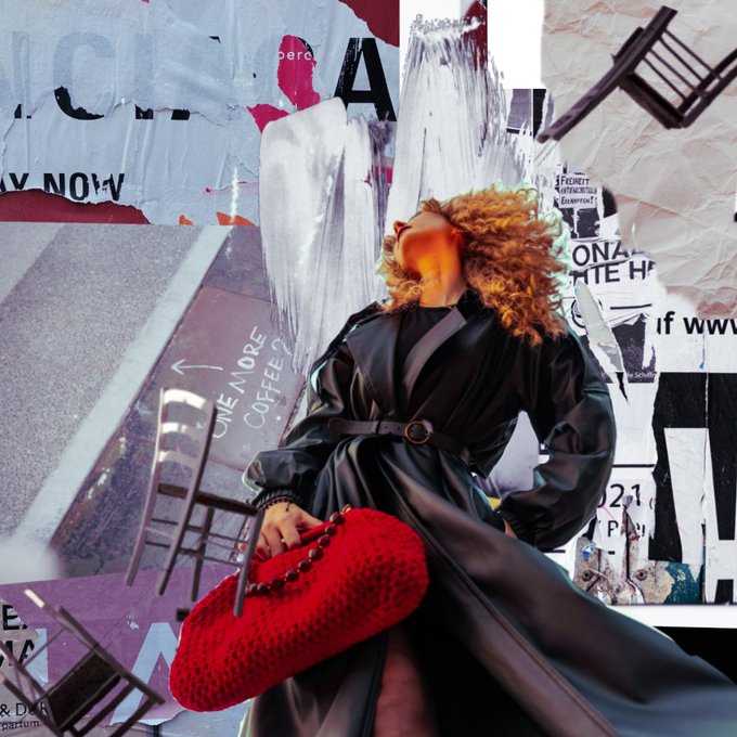 A collage-style image showing a woman with curly hair wearing a long black coat and holding a red textured handbag, superimposed over torn posters with partial text including 'pera', 'NOW', 'ONE MORE COFFEE', 'FREIGHT FUTURES HOLD ELSEWHERE?', 'ONA TE HA', 'If ww'.
