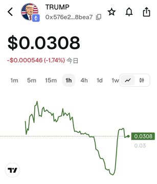 A cryptocurrency price chart shows TRUMP token at $0.0308, down 1.74% for the day, displayed on what appears to be a TradingView interface.