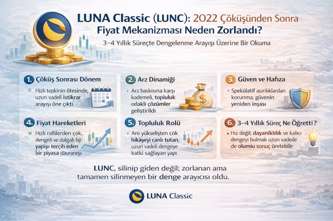 An infographic analyzing LUNA Classic (LUNC) post-2022 crash, with six numbered sections covering post-crash period, supply dynamics, trust and confidence, price movements, community role, and 3-4 year lessons, topped by the Turkish title "LUNA Classic (LUNC): 2022 Çöküşünden Sonra Fiyat Mekanizması Neden Zorlandı?" explaining why its price mechanism has struggled to recover.