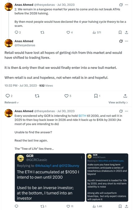 A series of tweets from Anas Ahmed (@theseyanas) discussing crypto market cycles, including references to ETH, retail investors, and an ETH accumulation target of $10501 by 2030.