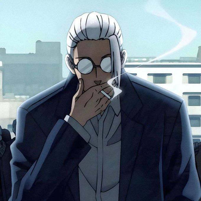 An anime-style illustration of an older man with slicked-back white hair, round sunglasses, and a suit, smoking a cigarette outdoors.