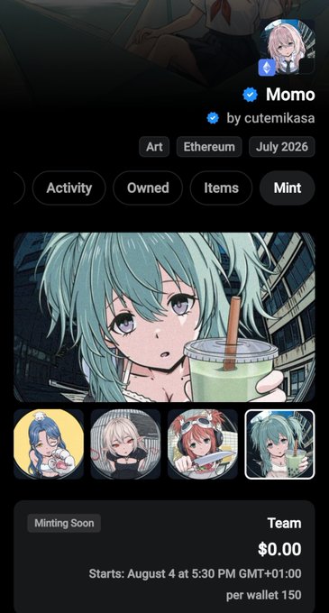 NFT mint page on Zora for 'Momo' by cutemikasa on Ethereum, tagged Art/July 2026, with mint starting August 4 at 5:30 PM GMT+01:00, team $0.00, per wallet 150.