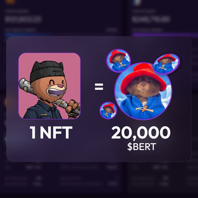 The image shows two cartoon characters wearing hats - one dressed as a police officer, and the other as a bear character. The caption below the image states that one NFT is worth 20,000 $BERT. This means that if you own one NFT, you can stake it for 20,000 $BERT in the BERT cryptocurrency market.