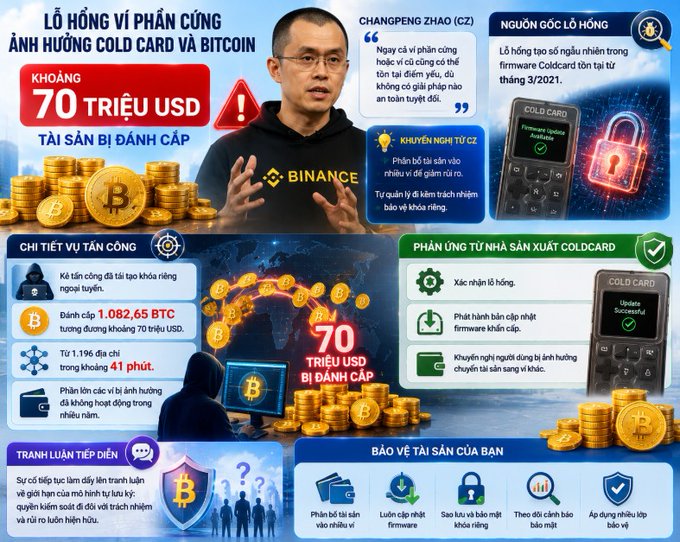 An infographic about a $70 million USD crypto theft attack on Cold Card hardware wallets, featuring CZ (Changpeng Zhao) of Binance, with Vietnamese text detailing the 1.196 BTC attack on March 3, 2021.