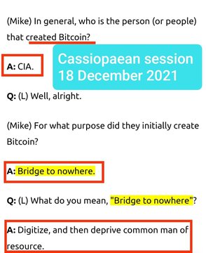 A text conversation transcript dated 18 December 2021 discussing Bitcoin, with one party claiming Bitcoin was created by the CIA and that it was designed to 'digitize, and then deprive common man of resource.'