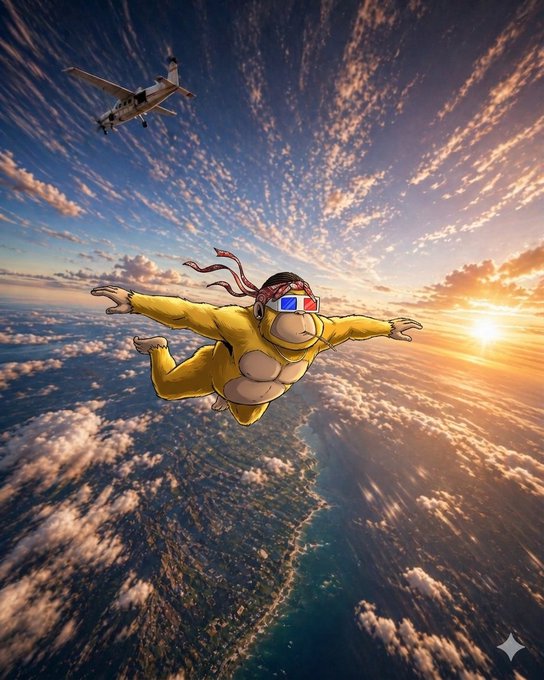 A cartoon character in a yellow jumpsuit and red bandana skydives through clouds at sunset with a small airplane flying above.