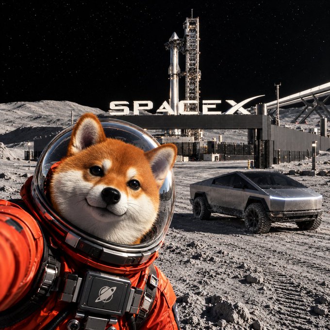 An AI-generated image shows a Shiba Inu dog wearing an orange astronaut suit on the lunar surface, with a Tesla Cybertruck and a SpaceX facility in the background.