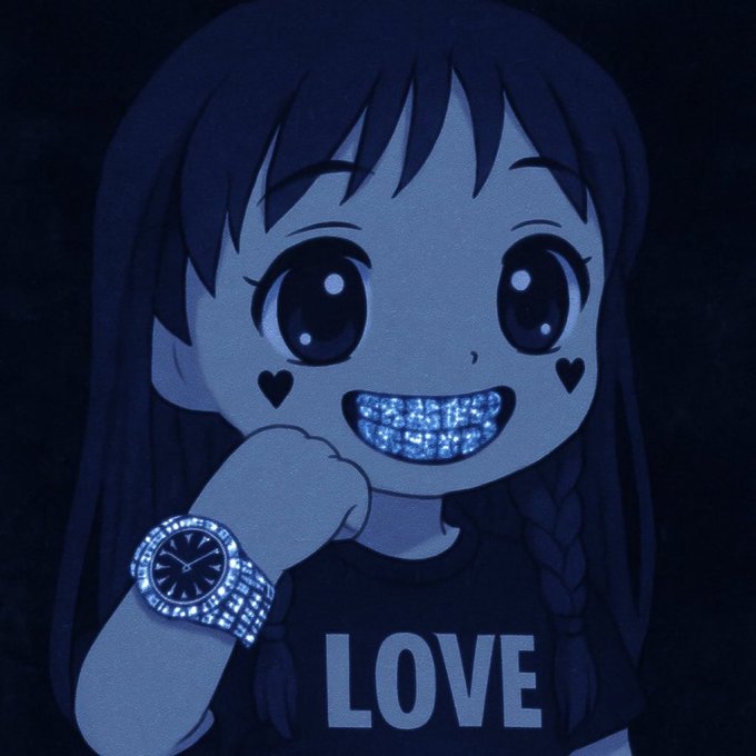 An anime-style character with heart cheeks and a glittering diamond smile rests her chin near a diamond-encrusted watch, while wearing a "LOVE" shirt—visually playing on the post's joke about "cat coins" going up by depicting a flashy, jewelry-laden character whose bling-bling aesthetic humorously mirrors rising crypto prices.