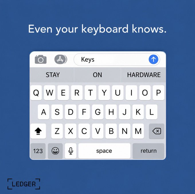 A digital advertisement with the text 'Even your keyboard knows.' displaying an iOS keyboard interface where the predictive text bar shows 'STAY ON HARDWARE', with the Ledger logo in the corner.
