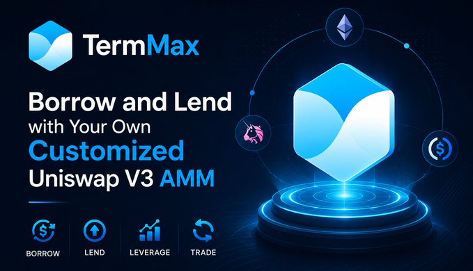 A promotional banner for 'TermMax' advertising borrow and lend services with a customized Uniswap V3 AMM, featuring options to borrow, lend, leverage, and trade.