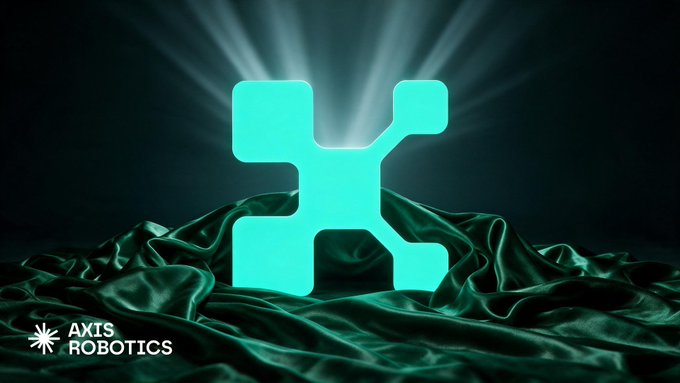 A glowing cyan logo resembling a stylized 'X' or node network resting on draped green silk fabric, with 'AXIS ROBOTICS' written in the bottom left corner.