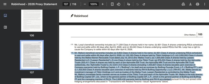 A document showing page 107/118 of a 'Robinhood - 2026 Proxy Statement' is overlaid with pixel art spelling 'I [heart] MY' above a Moogle character from Final Fantasy.