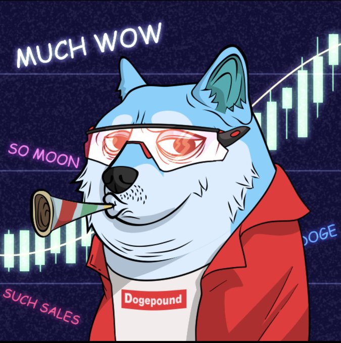 A digital meme illustration features a Shiba Inu dog wearing red laser-cut glasses and a red jacket with 'Dogepound' written on it, smoking a giant joint against a stock chart background with text like 'MUCH WOW' and 'SO MOON'.