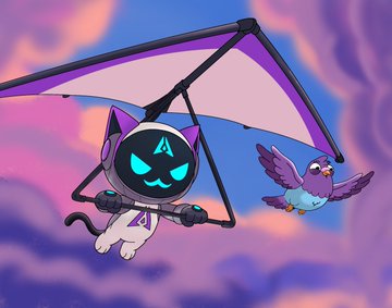 A cartoon cat character in a white spacesuit hang-gliding through a pink and purple sky alongside a small bird.