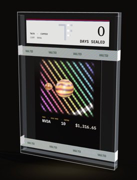 A holographic crypto card showing a $0 balance, 0 days sealed, a planet Jupiter graphic, and a valuation of $1,316.65, associated with INVDA and 10.