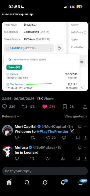 The image shows a Solana wallet portfolio screen displaying a total value of $59,534.07, including 4,500,365.16953 KINT worth $52,272.81 and 17,134,464.11816 FRONT worth $7,219.1, with "The Frontier" highlighted by a green arrow. The accompanying post appears to share a Solana wallet address, suggesting the image serves as proof of holdings in the Frontier token.