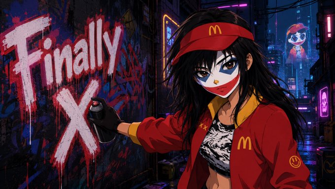 An anime-style girl in a red jacket and McDonald's visor holds a spray can next to graffiti reading 'Finally X' on a neon-lit cyberpunk street.