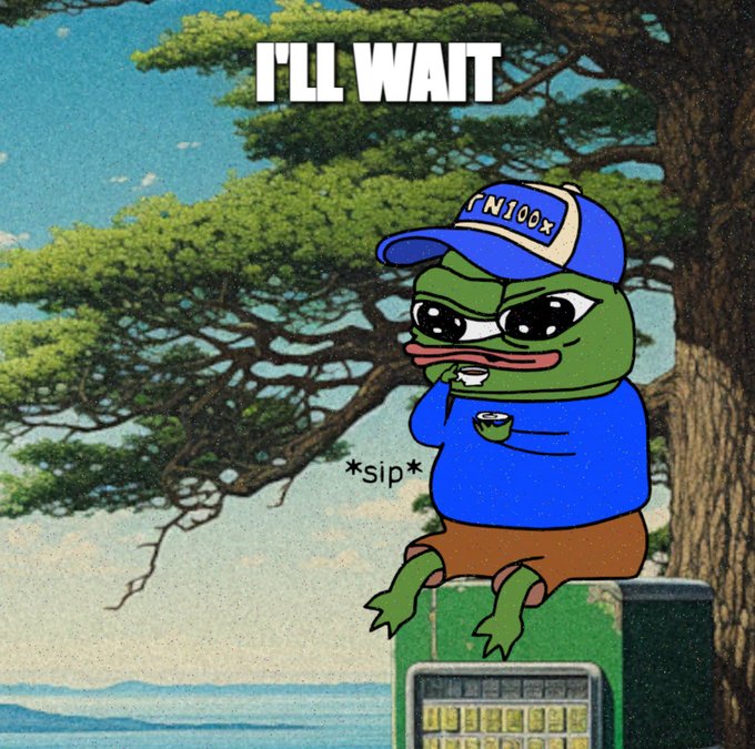 A meme featuring the 'sad Pepe' character wearing a blue cap with 'N100x' text, sitting on a calculator and drinking from a cup, with the text 'I'LL WAIT' above.