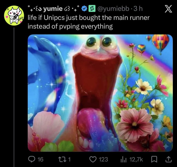 A tweet from user @yumiebb reads "life of Unipcs just bought the main runner instead of pvping everything," accompanied by an absurd, AI-generated image of a screaming frog with bulging eyes and lolling tongue surrounded by flowers, dolphins, and hot air balloons, which appears to be a humorous meme reflecting the chaotic and perplexing behavior of the @theunipcs account described in the commentary about him criticizing Bonk Guy for buying $EMBER while admitting to owning Ember himself.